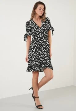 LELA Floral V Neck Ruffle Detail Mini- Jurk - Black-Lepoard -Lela 494acf94b6004a37a045a3aee74df445