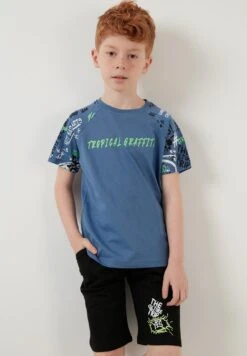 LELA Regular Fit T-Shirt And Shorts - Trainingspak - Royal Blue/Black/Light Green