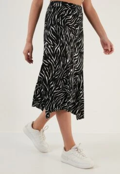 LELA Midi- A-Lijn Rok - Black White Striped -Lela 79cd556302fc444e87dccbb0b41fc408