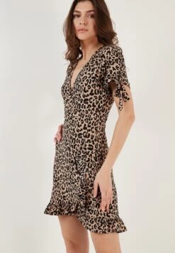LELA Floral V Neck Ruffle Detail Mini- Jurk - Leopard 11 LELA Floral V Neck Ruffle Detail Mini- Jurk - Leopard -Lela 93be0ae82b1141b9a13aa774854126d3