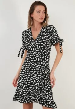 LELA Floral V Neck Ruffle Detail Mini- Jurk - Black-Lepoard